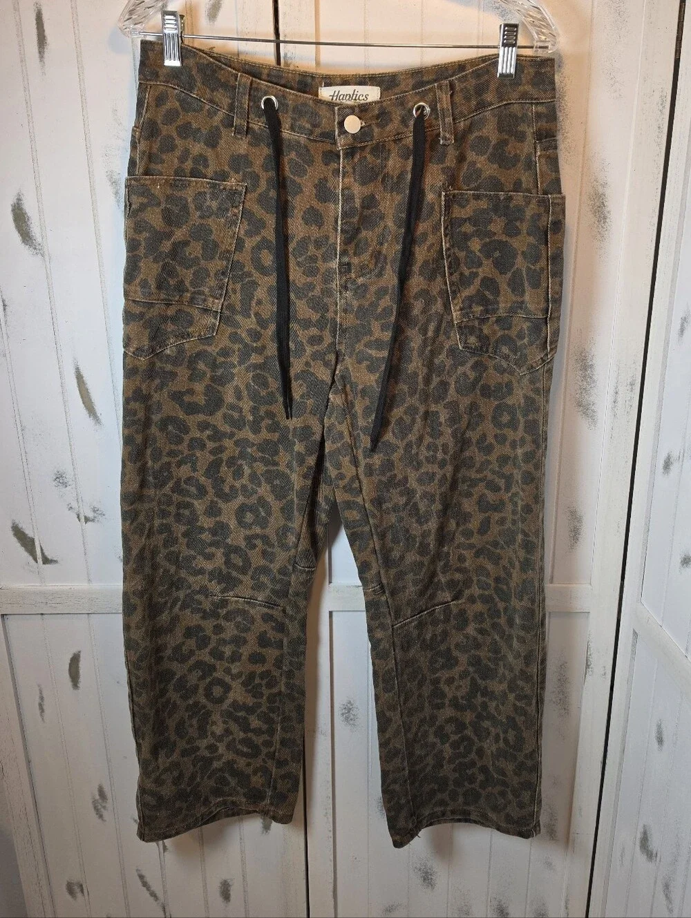 Haptics Leopard Print Drawstring Barrel Jeans